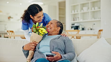 Home,-flowers-and-elderly-woman-with-caregiver
