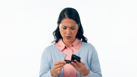 Phone,-stress-and-woman-in-studio-with-credit-card