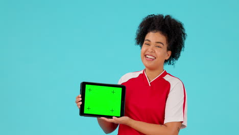 Woman-face,-soccer-and-digital-tablet-with-green