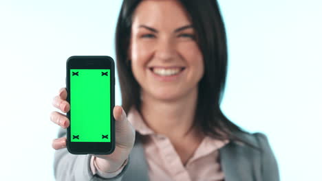 Face,-business-woman-or-green-screen-of-phone