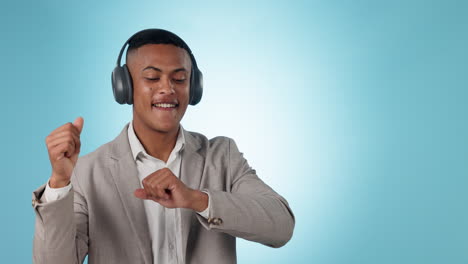 Dancing,-headphones-and-young-businessman