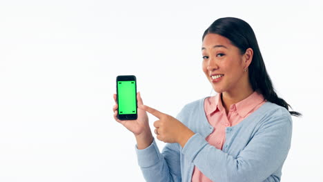 Happy-asian-woman,-phone-green-screen