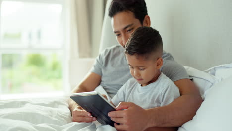 Dad,-kid-and-tablet-in-bedroom-for-online