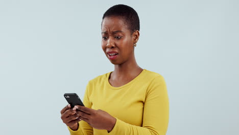 Schockierte,-Schwarze-Frau-Und-Smartphone-Mit-Reaktion