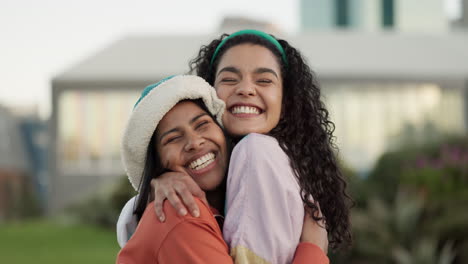 Women-friends,-hug-and-outdoor-at-college