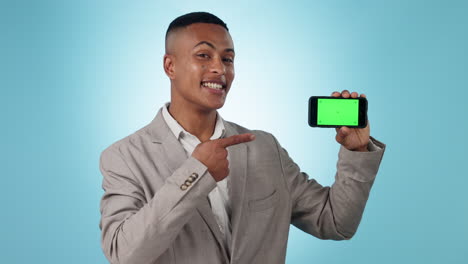 Green-screen-phone,-smile-or-business-man-pointing