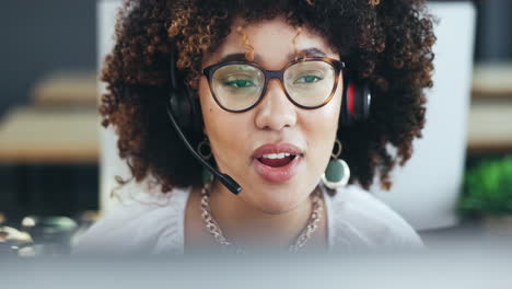 Call-center,-talking-and-a-woman-with-a-headset