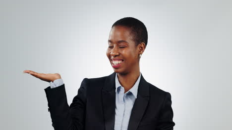 Face,-black-woman-and-hand-pointing-in-studio