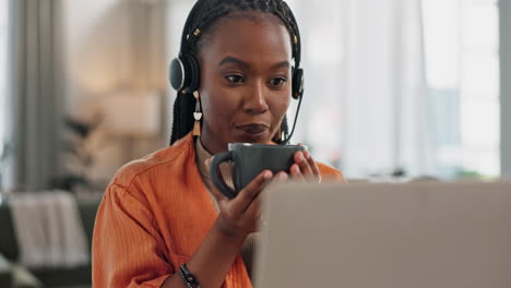 Black-woman,-headset-and-coffee-in-home-office
