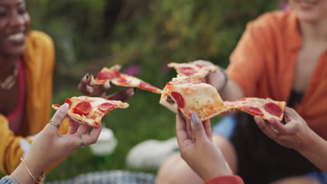 Closeup,-pizza-toast-and-friends-in-nature