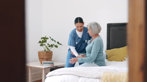 Nurse,-walking-and-helping-senior-woman-from-bed