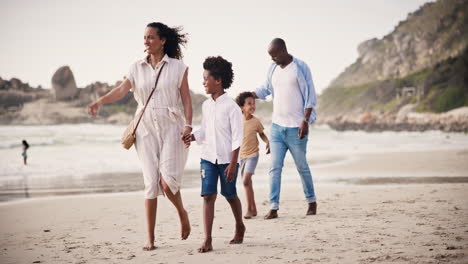 Family,-together-and-walk-on-vacation-by-beach