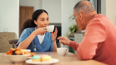 Caregiver,-elderly-man-and-coffee-with-breakfast