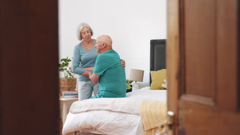 Woman,-walking-and-helping-senior-man-from-bed