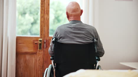 Back,-wheelchair-and-view-with-an-elderly-man-by