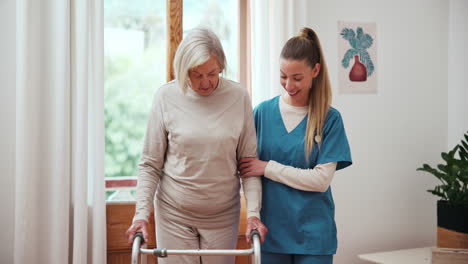 Senior,-woman-and-nurse-with-walker-for-support