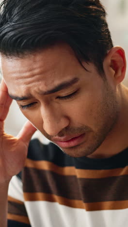 Asiatischer-Mann,-Kopfschmerzen-Und-Stress-Im-Fehler