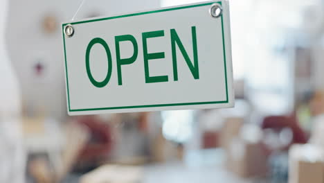 Open-sign,-business-and-woman-entrepreneur-by