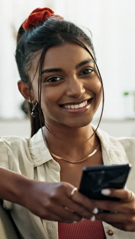 Woman,-face-and-phone-with-smile-for-typing