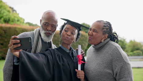 Woman,-graduation-selfie-and-smile-with-parents