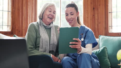 Caregiver,-tablet-and-video-call-with-woman