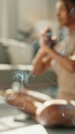 Meditation,-woman-or-hands-with-smoke-on-yoga-mat