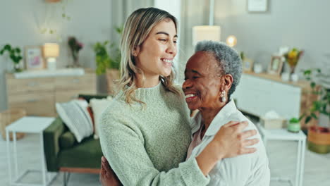 Elderly-woman,-caregiver-and-hug-in-home