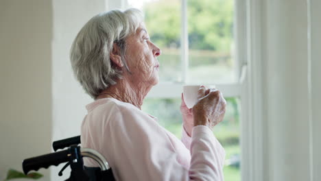 Elderly-woman,-coffee-and-wheelchair-by-window
