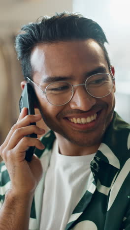 Man,-phone-call-and-joke-at-home-with-conversation