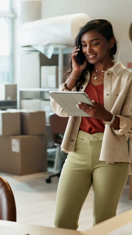 Phone-call,-logistics-and-Indian-woman-on-tablet