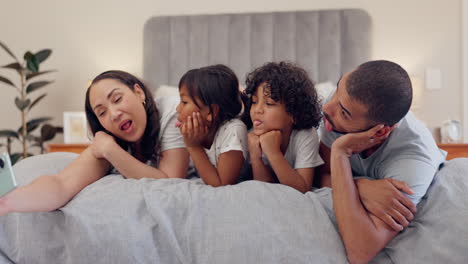 Selfie,-funny-and-family-on-bed-with-comic
