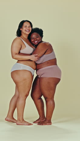 Body-positive,-underwear-or-happy-women-hug