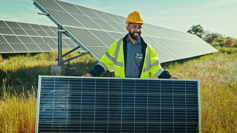 Engineering,-man-and-smile-with-solar-panels
