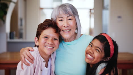Face,-smile-and-kids-hug-grandmother-in-home
