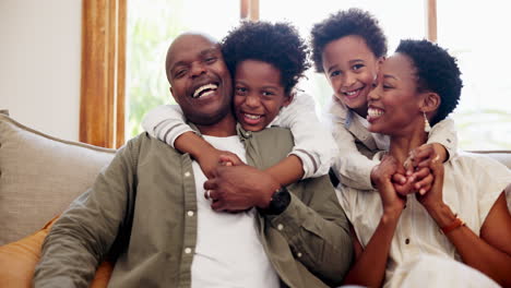 Happy-black-family,-hug-and-relax-on-sofa