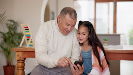 Grandfather,-girl-and-phone-in-home-for-game