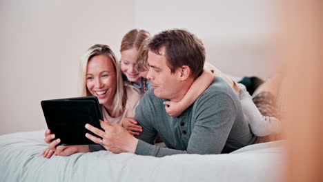 Parents,-children-and-tablet-in-bedroom