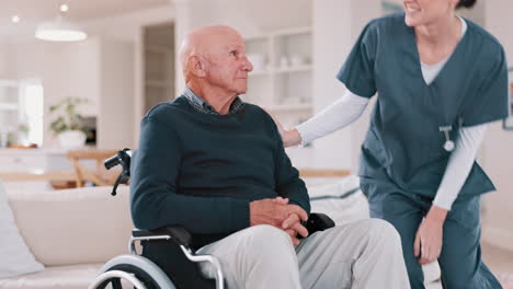 Wheelchair,-nurse-talking-and-senior-man-in-home