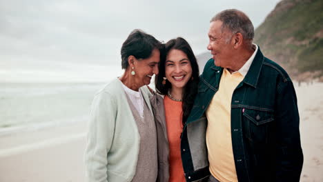 Strand,-Gesicht-Und-Frau-Mit-älteren-Eltern
