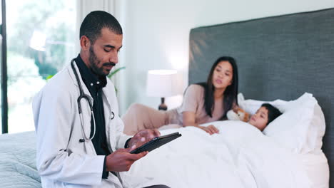 Doctor,-tablet-and-mother-with-sick-child-in-bed