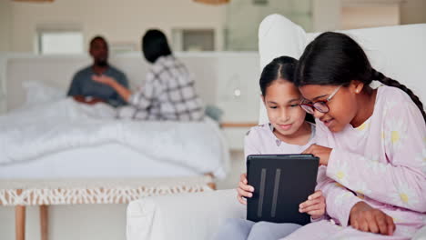 Girl-kids,-tablet-and-parents-fight-in-bedroom