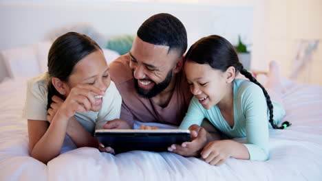 Kids,-father-and-laugh-with-tablet-on-bed