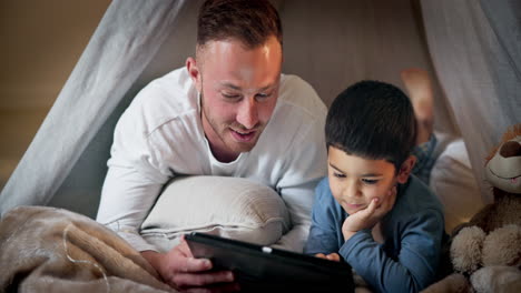 Tablet,-child-and-father-talk-with-bedroom-fort