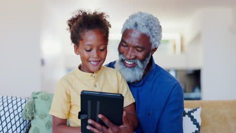 Grandfather,-children-and-smile-with-tablet