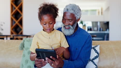 Happy-grandfather,-child-tablet-on-sofa-for-video