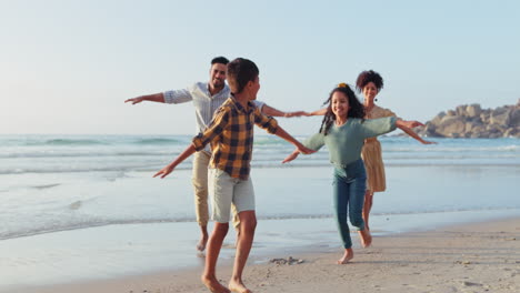 Happy-family,-running-and-airplane-game-on-beach