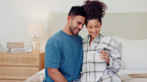 Happy-couple,-bed-and-hug-with-pregnancy-test