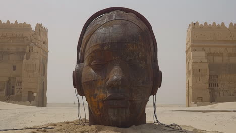 ancient-stone-heads-in-dystopian-desert-setting-wearing-headphones-made-with-generative-art