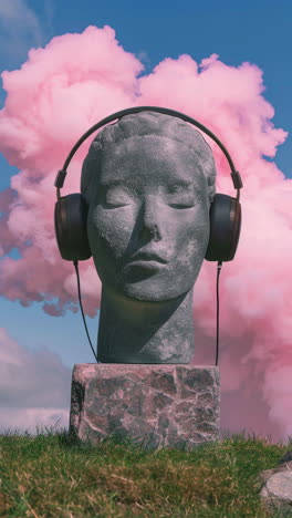 ancient-stone-heads-wearing-headphones-on-an-island-generative-art