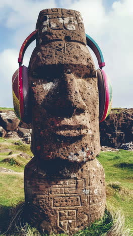 Antiguas-Cabezas-De-Piedra-Con-Auriculares-En-Una-Isla-Arte-Generativo